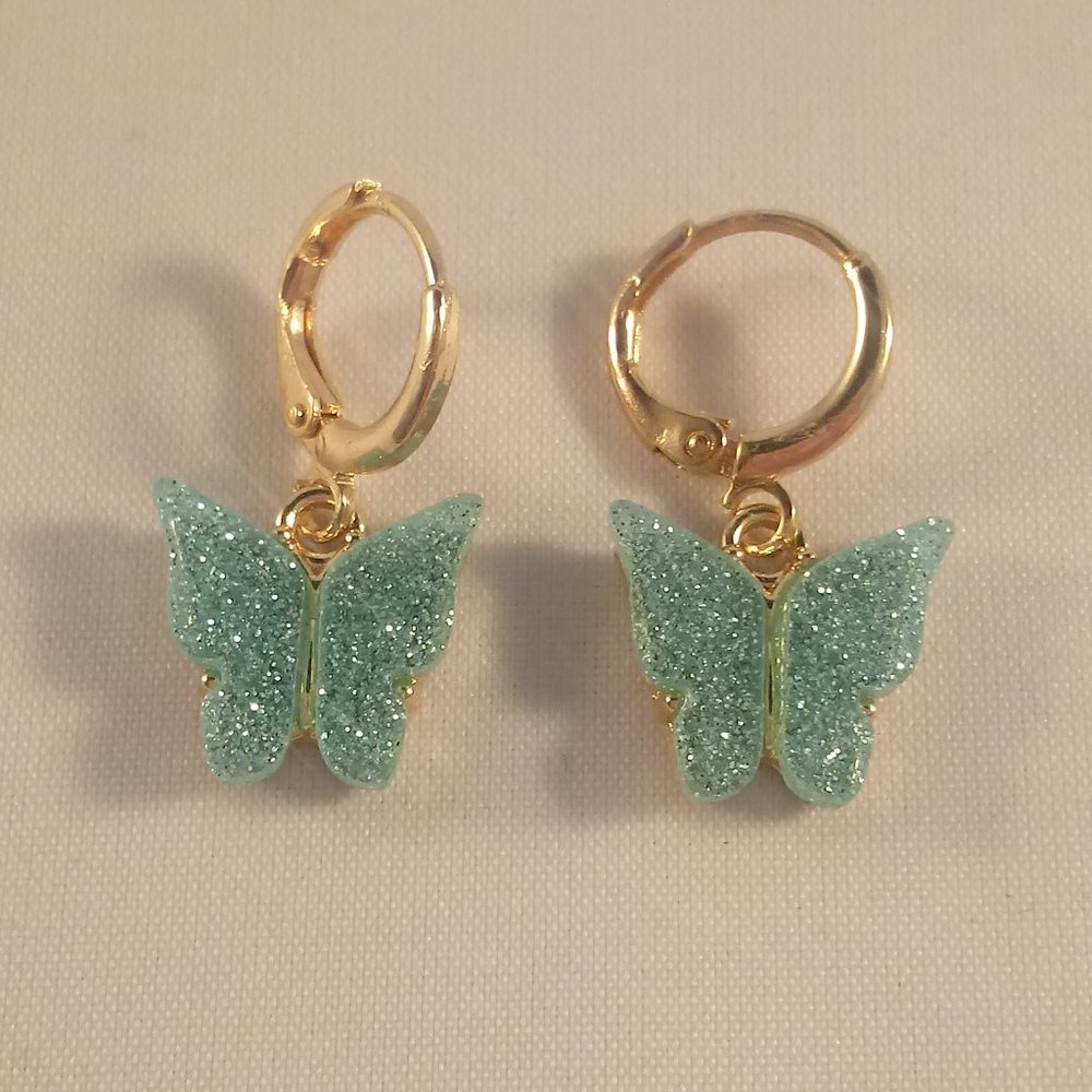 Gold Plated Green Opal Resin Butterfly Dangle Earrings 12mm Gift - Picture 2 of 2